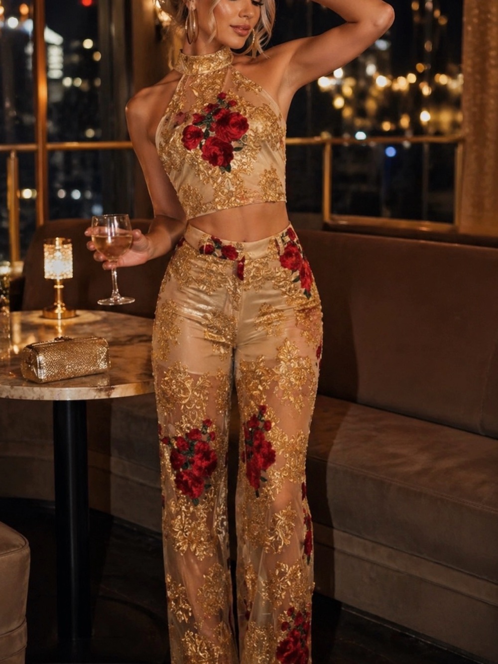 Gold Lace Two Piece Set Red Rose Embroidered Pants & Crop Top S Festival Glam